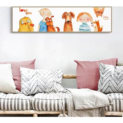 Nordic cat dog bird cute animal Long Wall Picture Poster painting children bedroom room head Canvas Painting Kids Wall Art Mural