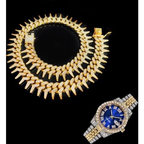 2pcs Kit 25MM Hip Hop Heavy Iced Out Cuban Link Full AAA Crystal Pave Watch+Thorns Necklace Bracelet for Men Jewelry