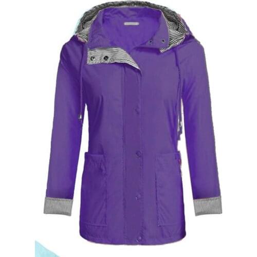 Lightweight Women Hooded Raincoat with 2 Big Pockets Long Sleeve Waterproof Zipper Rain Jacket Outdoor Rainwear