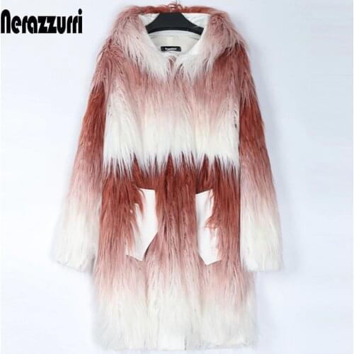 Nerazzurri Winter oversized faux fur coat women with hood long sleeve shaggy gradient fluffy loose warm mongolian lamb fur coat