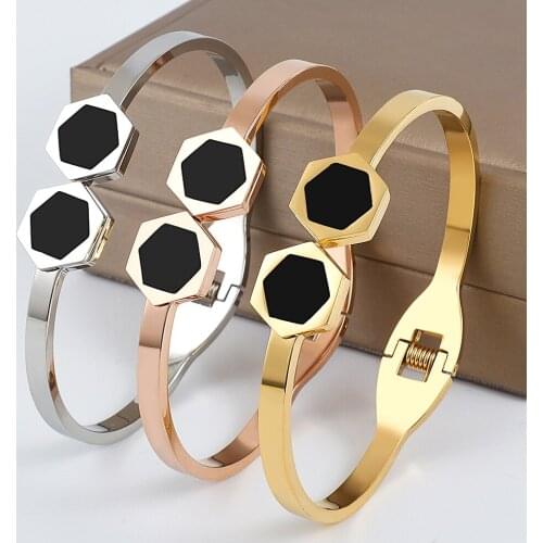 Stainless Steel Hexagon Charm Women Bracelet Black Shell Opening Cuff Bangle Bracelet For Women Men Fashion Jewelry Gift