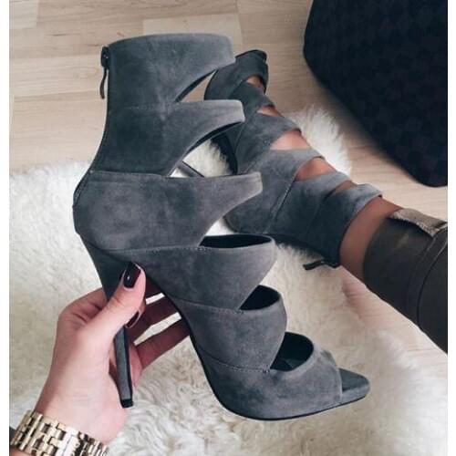 Summer New Brand Women Dark Gray Solid Color Cuts Out Gladiator Zip Back Suede Peep Toe Thin Heels Ankle Boots Short Booties