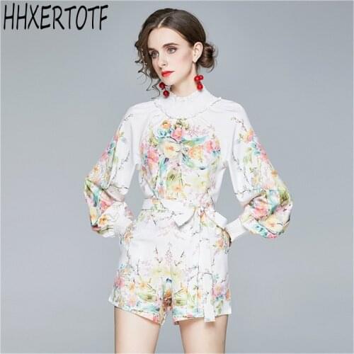 Autumn fashion women 2 Piece Sets stand collar Printed puff sleeve bow Tops + Shorts Wide Leg 2 Piece Sets