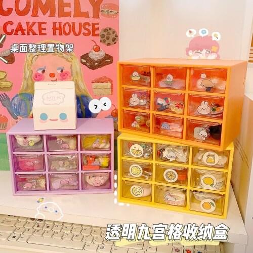 Candy Color Transparent Large Capacity Storage Box 9-grid Desktop Sundries Cosmetics Drawer Organizer Cute School Stationery