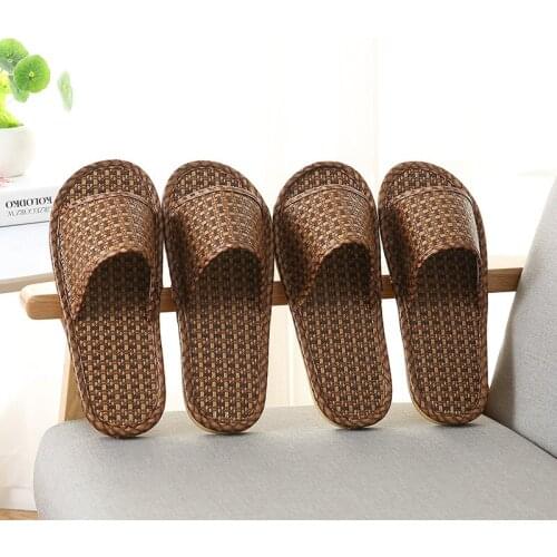 Summer Women Rattan Seats Slides Couples Home Indoor Floor Slippers Mute Non-Slip Flat Shoes Men House Soft Flax Flip Flops Hot