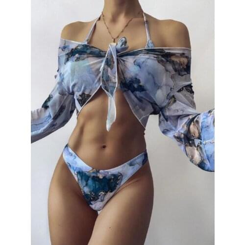 2021 Sexy Womens 3pcs Bikini Set Ink Print Seperate Swimsuits with Cover Ups Ladies Halter Bandage Swimwear Biquinis Beachwear