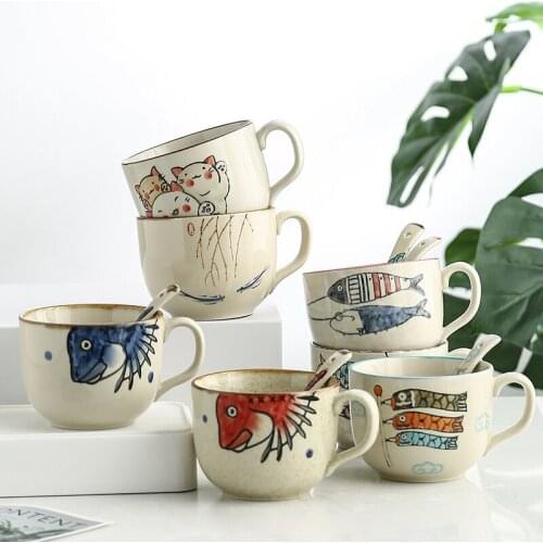 Japanese Cartoon Colorful Hand-painted Under-glaze Cute Ceramic Mug Breakfast Coffee Milk Cereal Cup Office Home Water Drink Cup