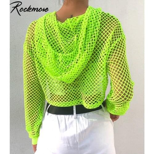 Rockmore Hooded Hoodie Tshirt Ladies Neon Green Shirts Women Plus Size Long Sleeve Crop Top Transparent Mesh T-Shirt Streetwear