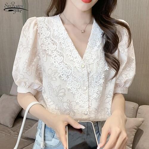 2021 Printed Short Sleeve V-neck Lace Chiffon Shirt Lady Summer Jacquard Lace Hollow Blouse Elegant Casual Loose Women Top 15265