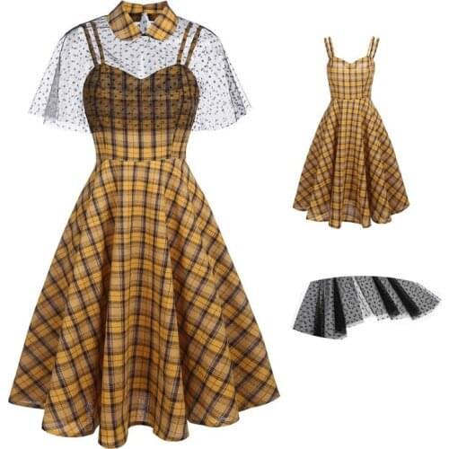 Womens Dress 1950s Sleeveless Strappy Plaid Print Vintage Retro Cocktail Swing Party Dresses with Lace Shawl