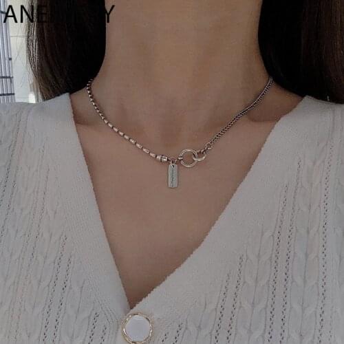 ANENJERY Vintage 925 Sterling Silver Handmade Circle Square Brand Necklace For Women Thai Silver Thick Chain Necklace S-N683