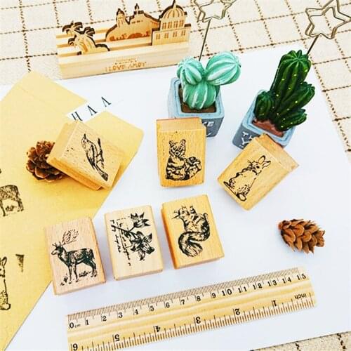 1Pcs Forest Animals Wood Stamps DIY Wooden Rubber Stamp Rose Flower Letters Diary Craft Card Stamps Set For Scrapbooking