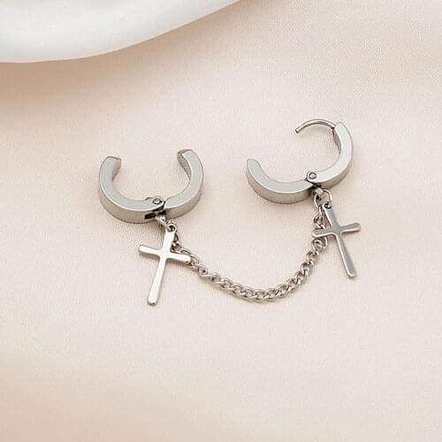 1PCS Punk Gothic Non Pierced Cross Earrings Women Men Stainless Steel Jewelry Long Tassel Chain Earring Pendientes