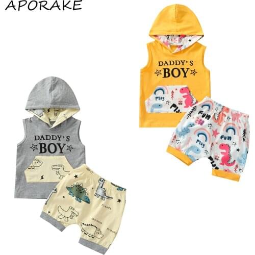2021 0-4Y Casual Summer Kids Baby Boy Clothing Letter Sleeveless Hooded Top With Pocket+Dinosaur Print Shorts 2pcs Outfits Set