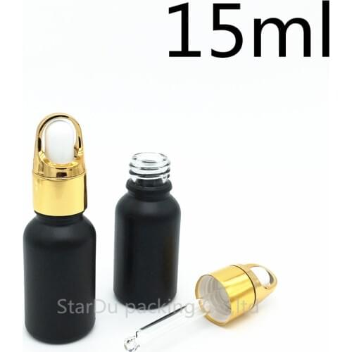 Free shipping 500pcs 15ml black frosted glass essential oil bottle with gold Flower basket ring dropper glass perfume bottle