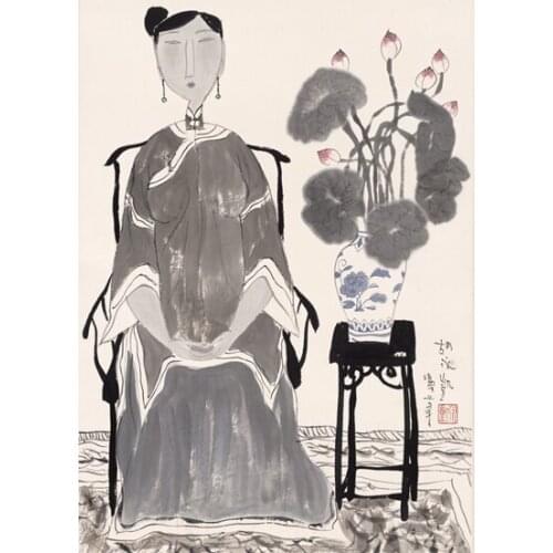 Free shipping Chinese classical women lotus flower oil painting canvas painting prints on canvas wall art decoration picture