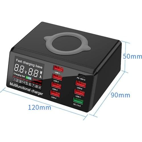 Wireless Fast Charging Base 8-port USB Wireless Display Multi-function Charger Smart Digital Display