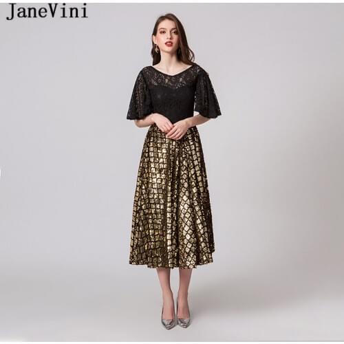 JaneVini Sparkle Gold Plus Size Cocktail Dresses 2019 Elegant Black Lace Sleeves V Neck Shining Sequins A Line Formal Prom Gowns