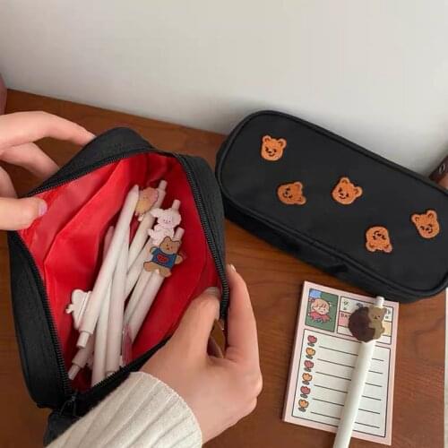 Kawaii Bear Embroidery Canvas Pencil Case Cute Big Capacity Pen Bag Stationery Pouch School Supplies