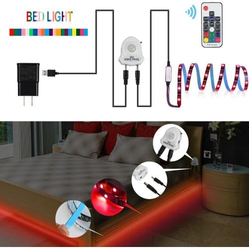 Motion Sensor PIR Sensor LED Strip 5050 RGB DC5V 17key RF remote for Closet Stairs Under Bed Light Bedroom Washroom Night Lights