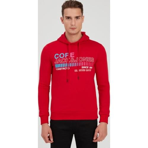 Jack and Jones Slim Fit Cotton Hooded Red Sweatshirt Thick Winter and Autumn Season Casual Wear