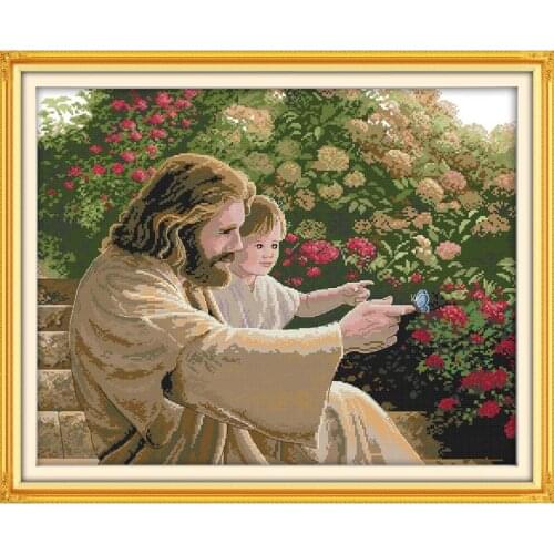 Joy Sunday Jesus & A Kid Christian Counted Patterns Printed Canvas Cross Stitch Kits DMC Embroidery Needlework Sets Home Decor