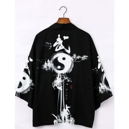 Chinese style Taiji eight diagrams Taoist robe ancient kimono loose mens and womens seven-point sleeve shirts