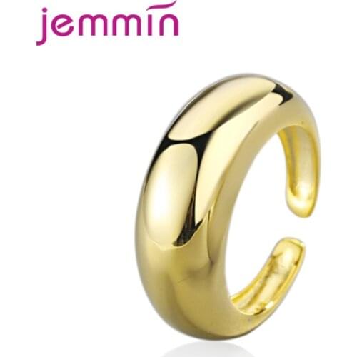 Newest 925 Sterling Silver Smooth Geometric Cambered Gold Color Ring Adjustable Open Finger Ring For Men Women Couple Jewelry