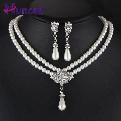 Elegant Women Necklace Jewelry Set Wedding Bride Pearl Crystal 2 Layer Short Clavicle Necklaces Earrings Set Lady Jewelry Set