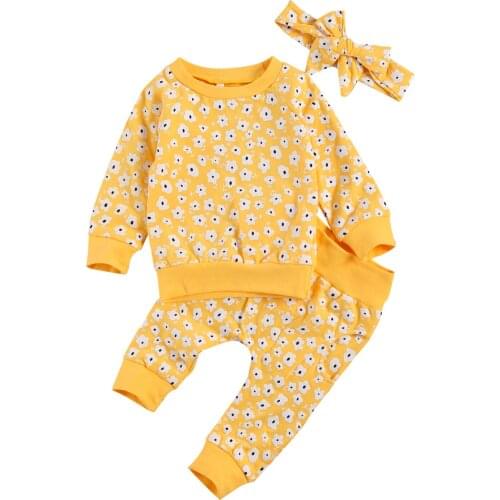 3Pcs Baby Girls Boys Floral Print Sets Long Sleeve O Neck Pullover Casual Pants Bow Headband Newborn Infant Toddler Outfit 0-24M