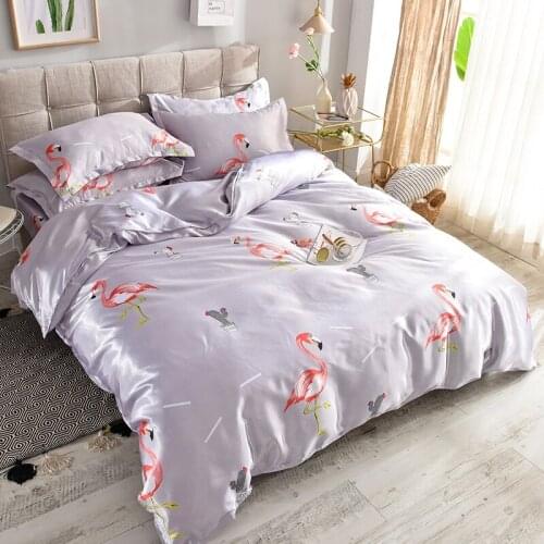 Flamingo Printed Satin Ice Silk Bedding Set Twin Queen King Faux Silk Duvet Cover Set Bed Sheet Pillowcase 3/4pcs Bed Cover Set