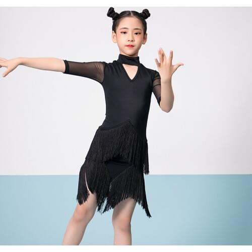 New Latin Dance Costume For Girls Short Sleeve Black Fringe Practice Clothes Professional Rumba Tango Samba Salsa Dress VO1000