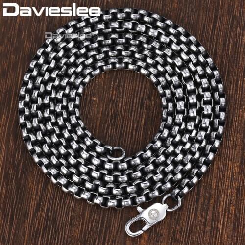 Davieslee Round Box Link Necklace for Men Chain Stainless Steel Gunmetal Silver Color 2-6mm DKNM160