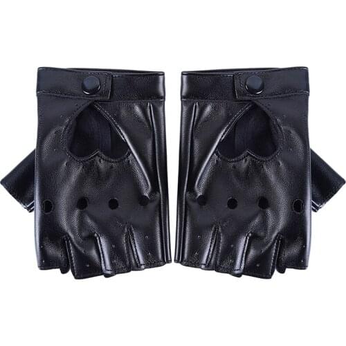 1Pair Women Fashion PU Leather Black Half Finger Gloves Cool Heart Hollow Fingerless Gloves Boy Gloves For Fitness