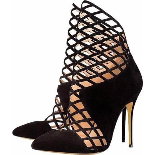 Sexy Black Suede Hollow Womens Ankle Boots Shoes Pointed Toe Cut-out Back Zipper Ladies Dress Shoes Thin Heels Banquet Shoes