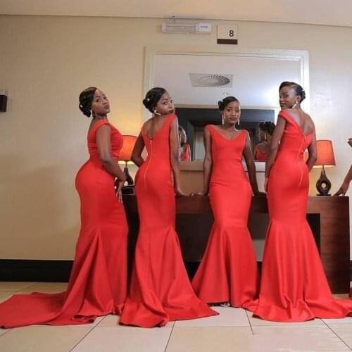 South African Mermaid Bridesmaid Dresses V Neck Backless Sweep Train Bow Country Wedding Guest Gowns Maid of Honor Dress Cheap