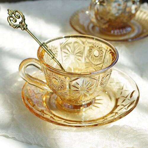 Embossed amber coffee cup saucer set afternoon tea concentrated coffee drinkware water tea cup