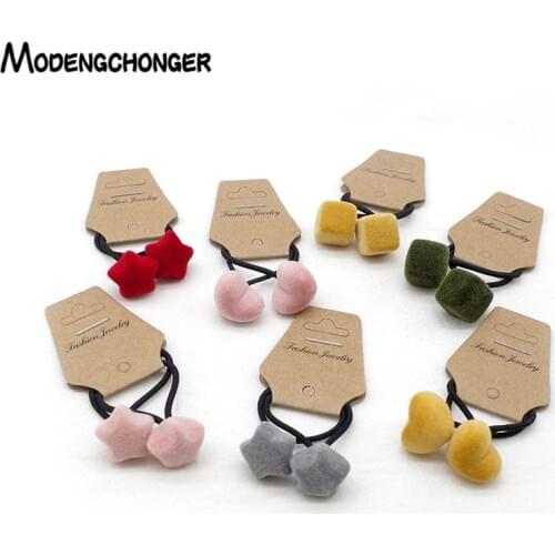 2PCS Cartoon Kids Elastic Hair Bands Color Plush Heart Star Hair Tie Baby Headdress Scrunchies Cute Hair Rope Hair Accessories