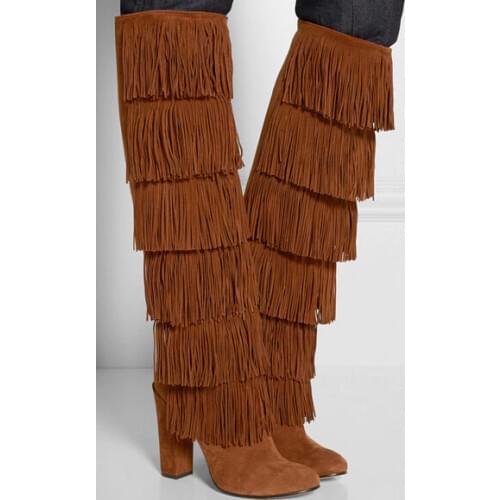 Free shipping winter 2017 women brown/black/red cowboy fringed suede knee high boots rough heel tassel cover long boots
