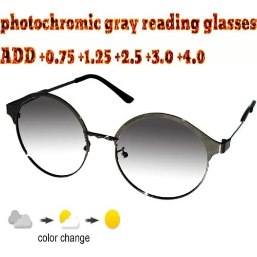Photochromic Gray Reading Glasses Round Ultralight Trend High Quality Fashion Men Women+1.0 +1.5 +1.75 +2.0 +2.5 +3 +3.5 +4