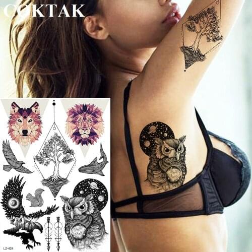 COKTAK Galaxy Owl Tattoos Temporary Diamond Triangle Wolf Lion Tattoo For Men Women Body Art Waterproof Arm Neck Tattoo Stickers