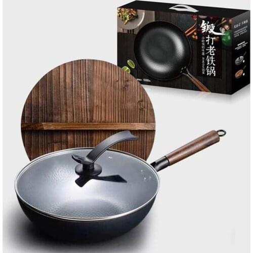 High Quality Iron Wok with Wooden Handle Traditional Handmade Iron Wok Kitchen Non-stick Pan Non-coating Gas Cooker Cookware