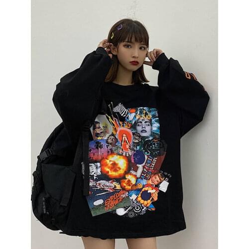 Japanese Harajuku Anime Kawaii T Shirt Korean Gothic Cartoon Women Long Sleeve Tops Oversized Hip Hop T Shirt Streetwear Males
