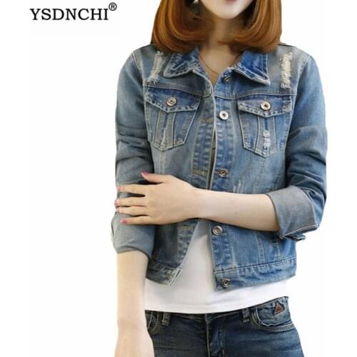 YSDNCHI Denim Jackets Womens Blue Coat 2021 Autumn Jeans Tops Single Breasted Ripped Coats Female Clothing