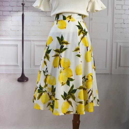 Womens Customize Lemon Flower Print cotton skirts Ladies Casual High Waist A Line Retro umbrella skirt