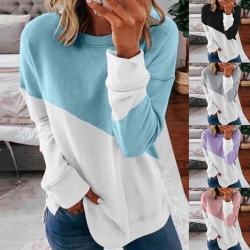 Autumn New Womens Clothing Patchwork Womens Loose Long Sleeve T-shirt Plus Size Woman Tshirts Female O-Neck Tees Tops S-3XL