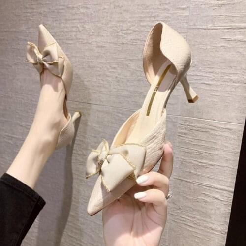 Gold heels genuine leather sweet bowtie brand high heels office ladies shoes women heels shoes thin heels stiletto