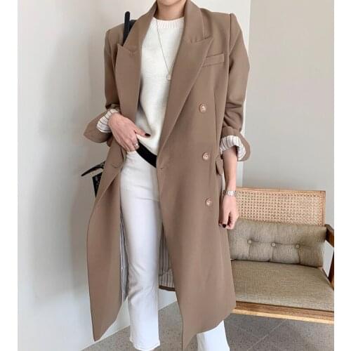 Ailegogo New Autumn Women Chic Notched Collar Double Breasted Long Trench Coat High Street Beige Loose Windbreaker Outwear
