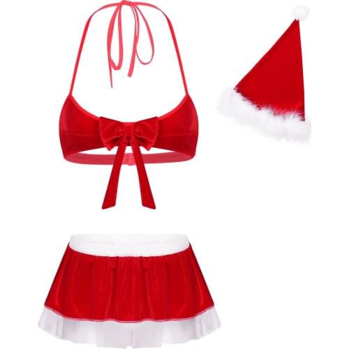 Red Womens Soft Velvet Sexy Santa Lingerie Christmas Costume Cosplay Erotic Skirt Set Halter Neck Hot Bikini Set Sissy Underwear