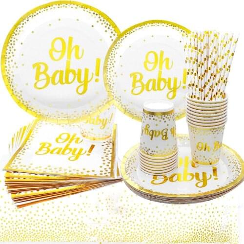 Birthday Party Gold Bronzing Paper Plate Cup Stripe Straw Oh Baby Disposable Tableware Tablecloth Baby Shower Party Decorations